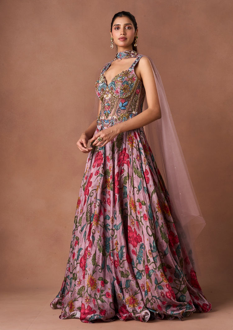 Twamev Women Purple Chinon Lehenga Set