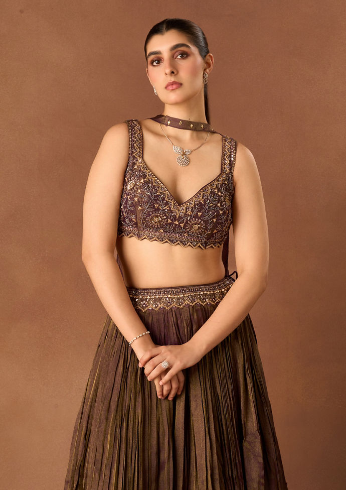 Twamev Women Purple Tissue Lehenga with Embroidery