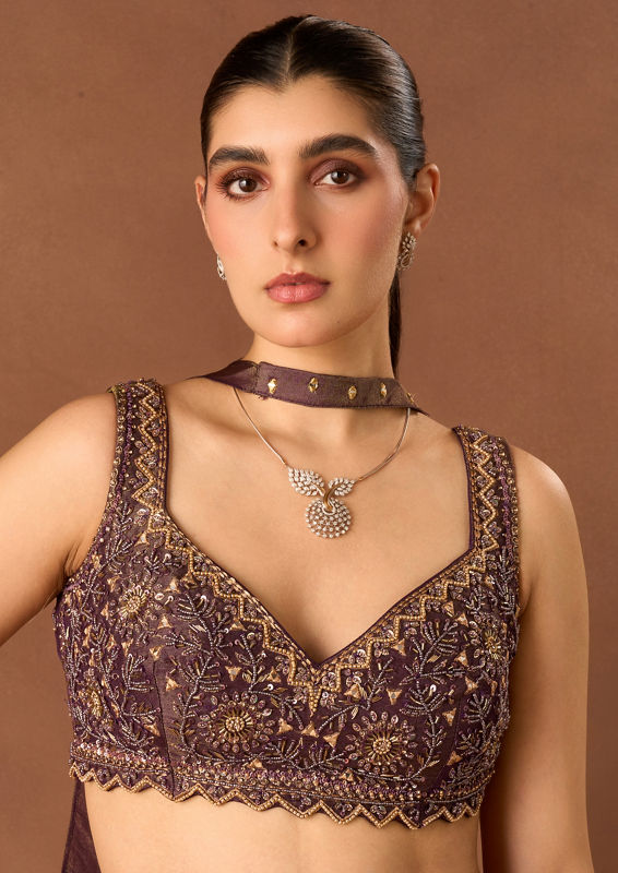 Twamev Women Purple Tissue Lehenga with Embroidery