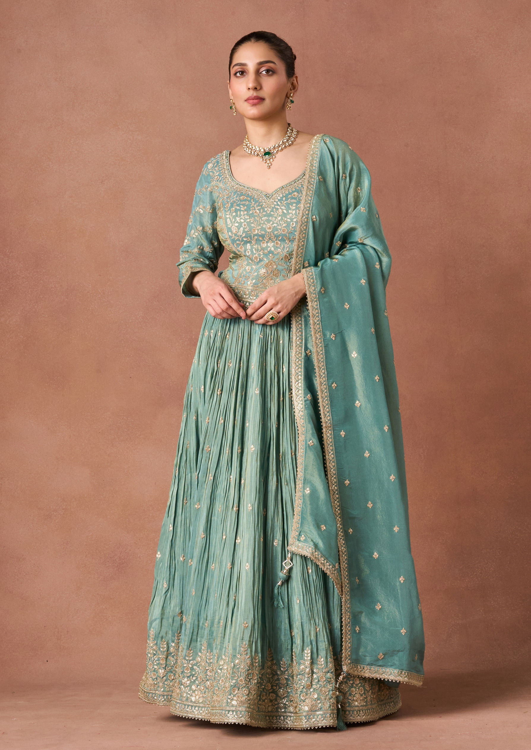 Twamev Women Green Tissue Lehenga Set