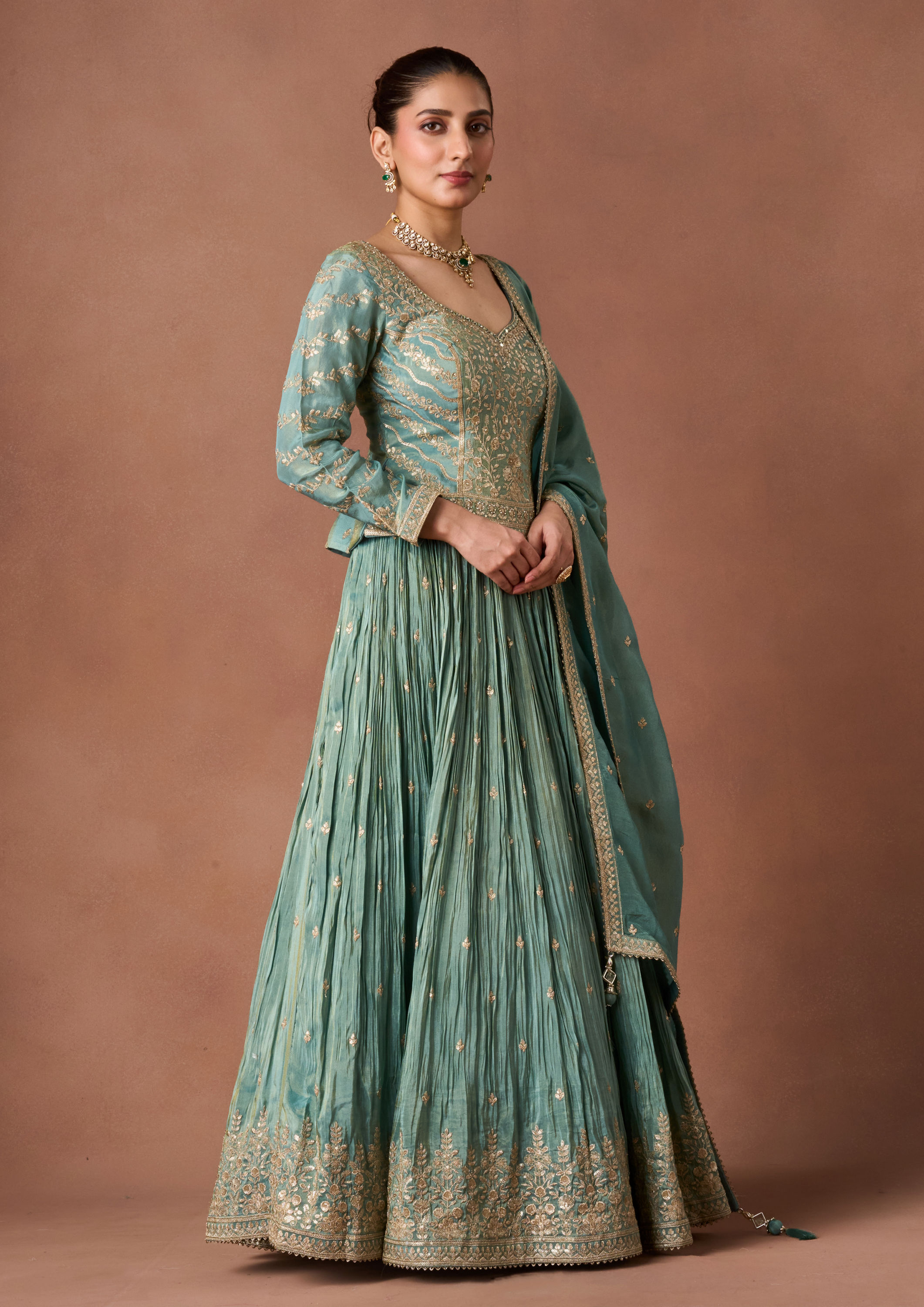 Twamev Women Green Tissue Lehenga Set
