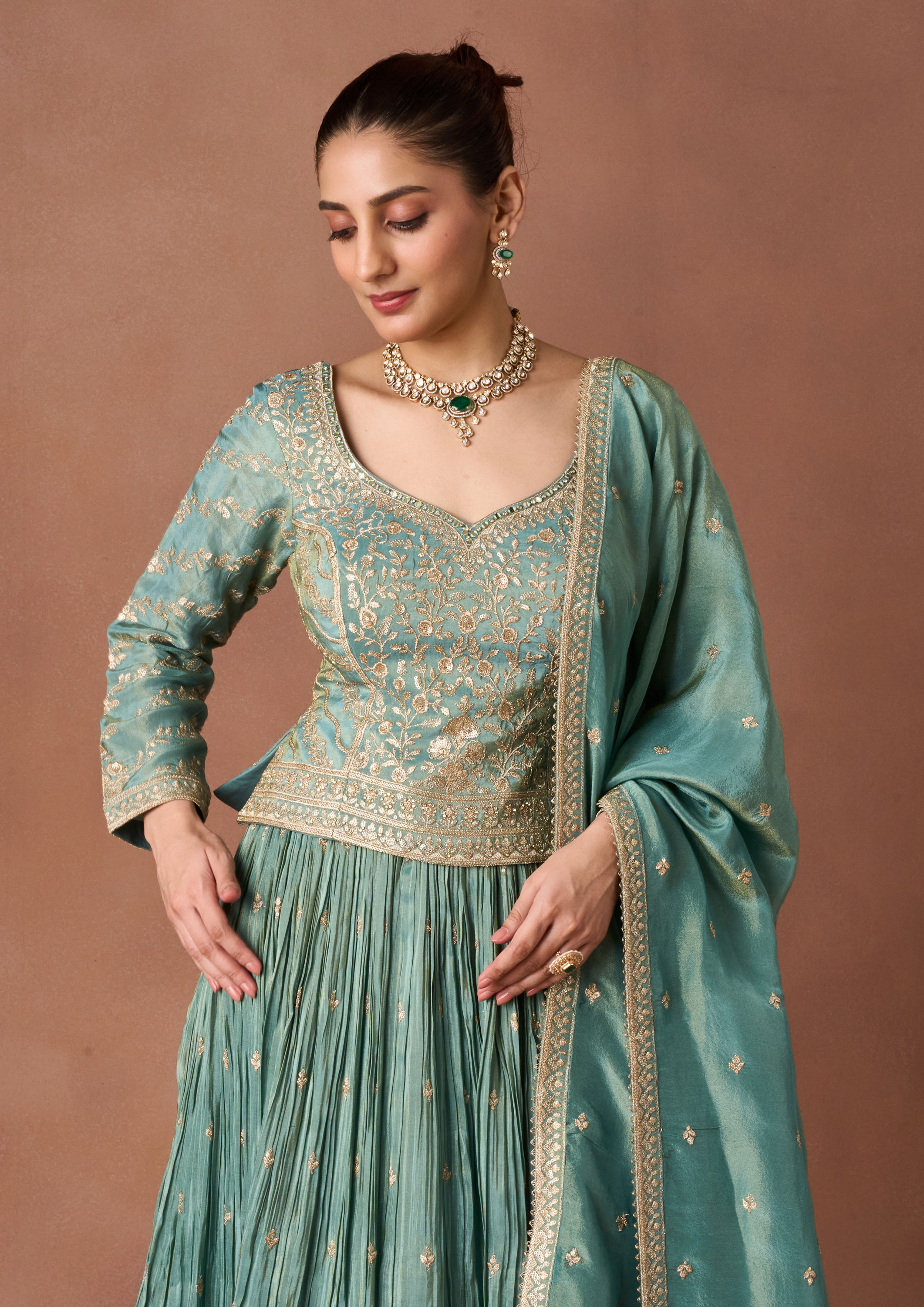 Twamev Women Green Tissue Lehenga Set