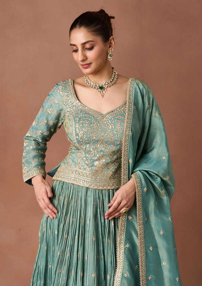 Twamev Women Green Tissue Lehenga Set
