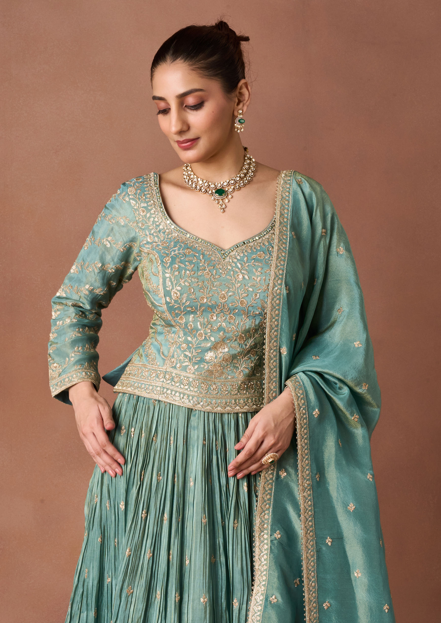 Twamev Women Green Tissue Lehenga Set