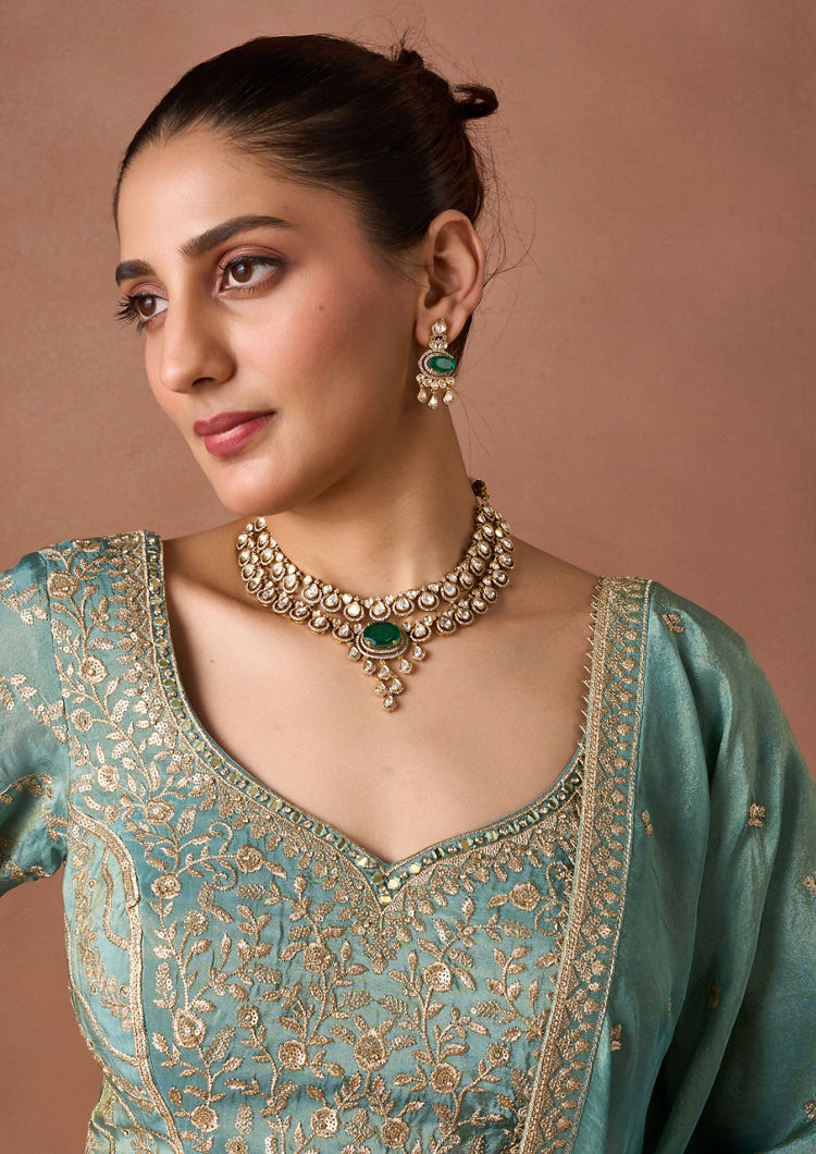 Twamev Women Green Tissue Lehenga Set