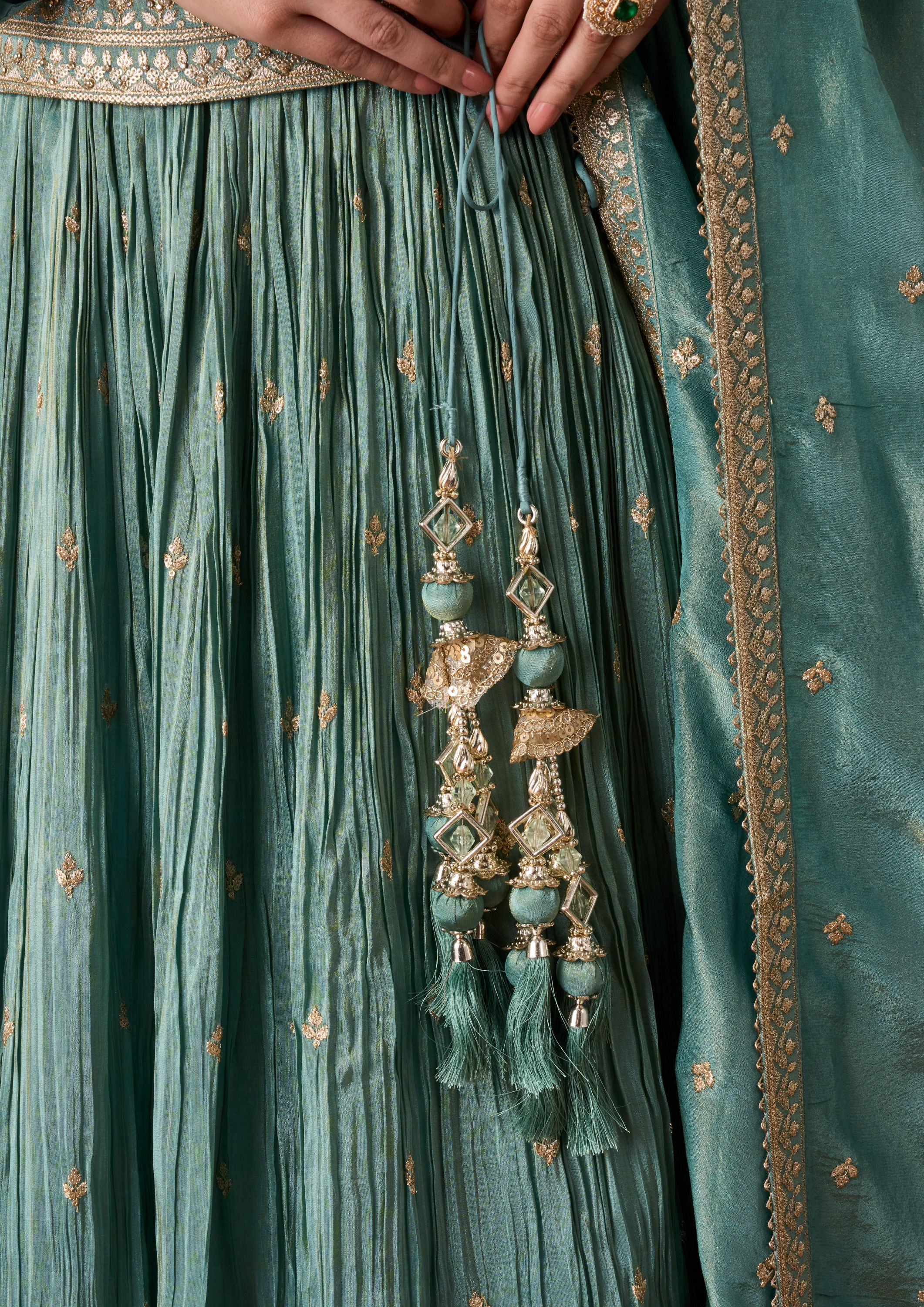 Twamev Women Green Tissue Lehenga Set