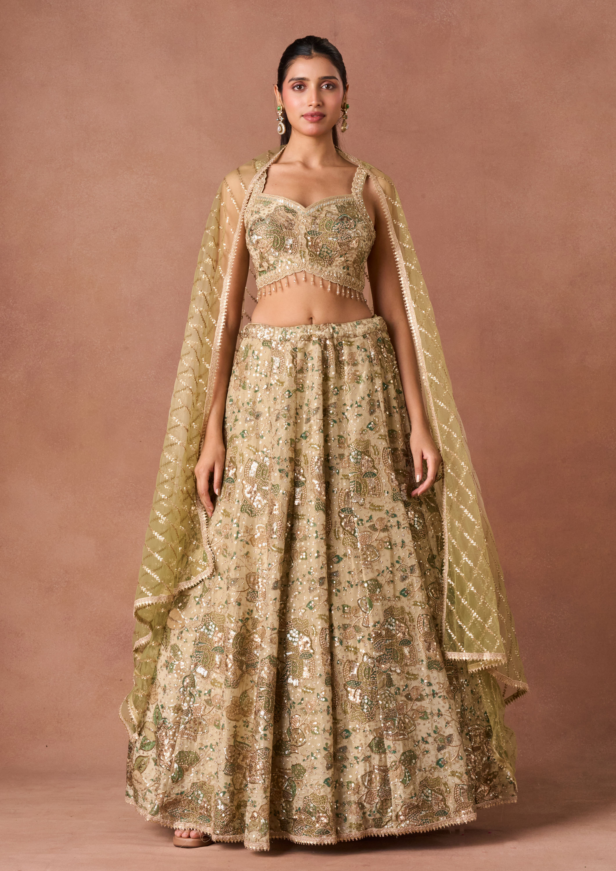 Twamev Women Beige Tissue Lehenga Set