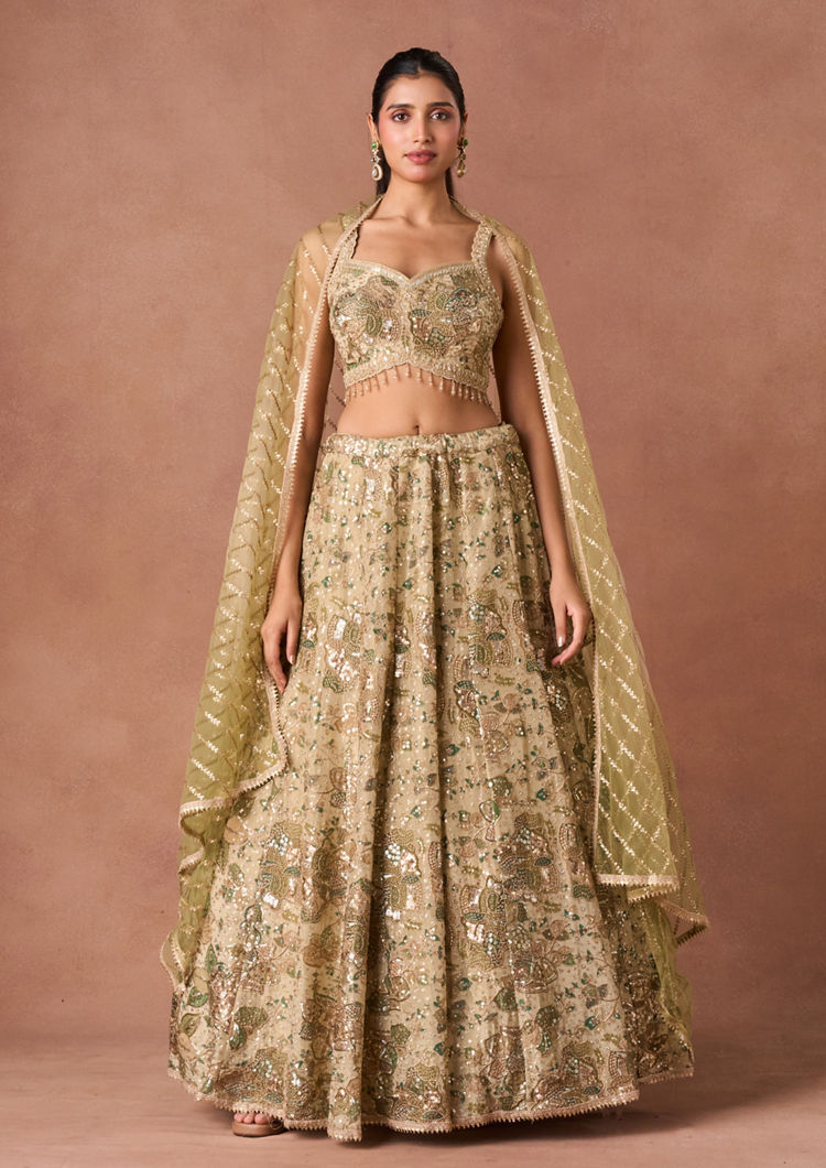 Twamev Women Beige Tissue Lehenga Set
