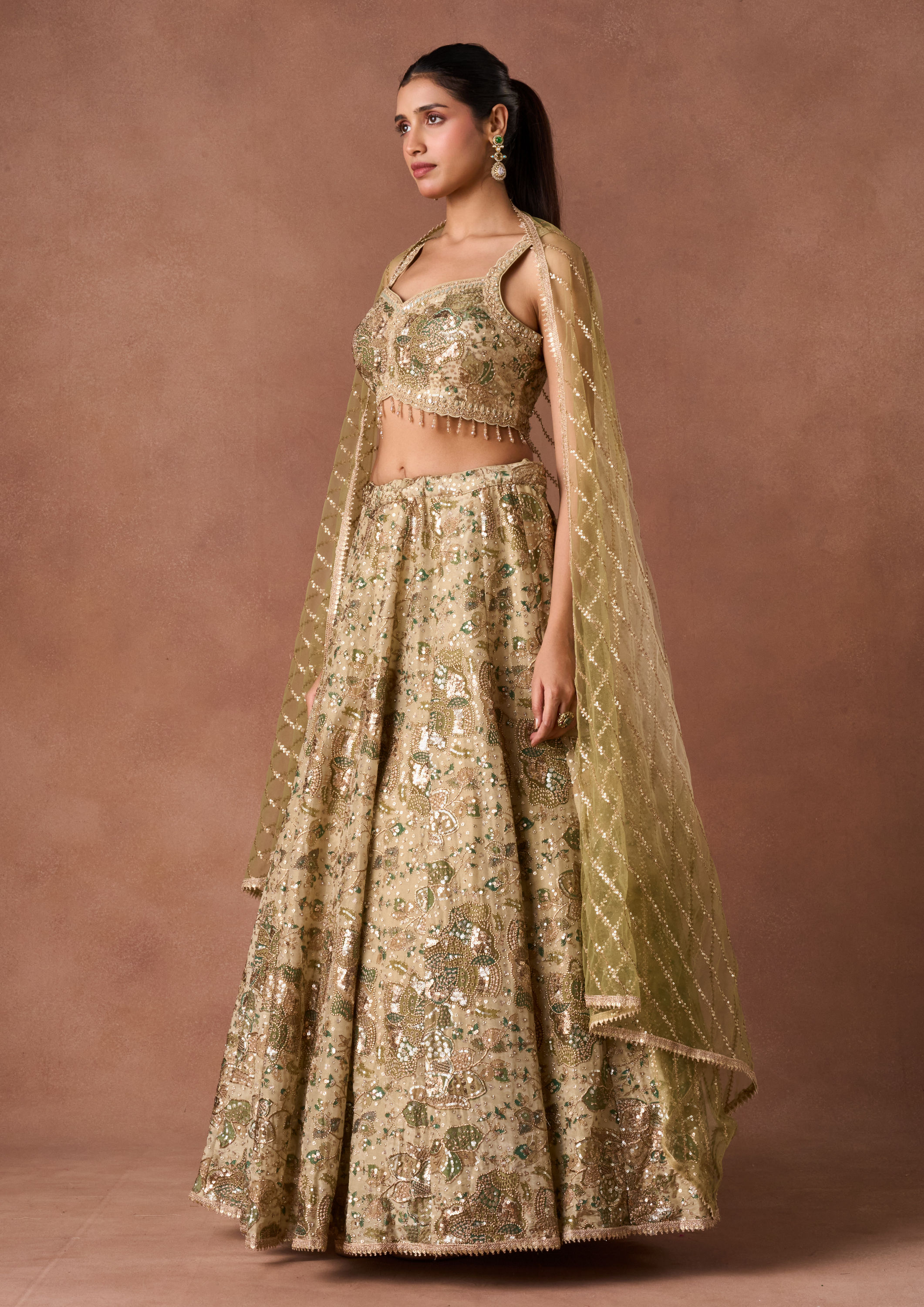 Twamev Women Beige Tissue Lehenga Set
