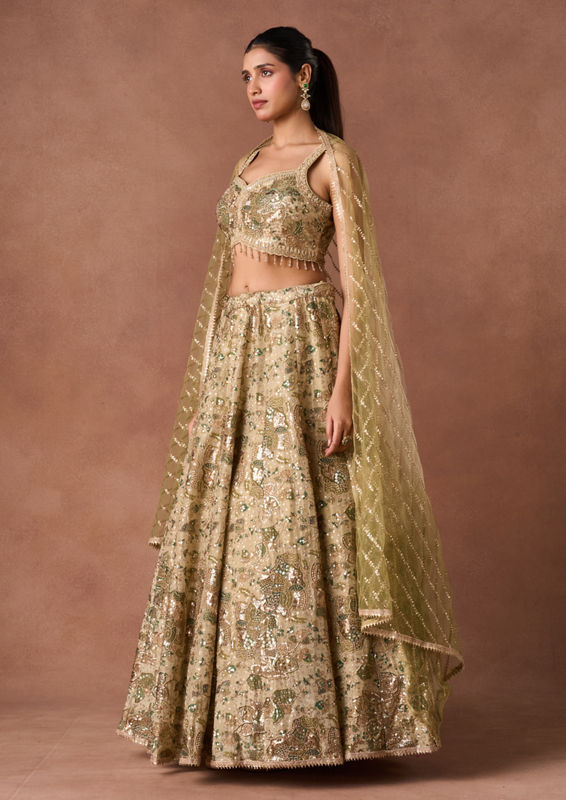 Twamev Women Beige Tissue Lehenga Set