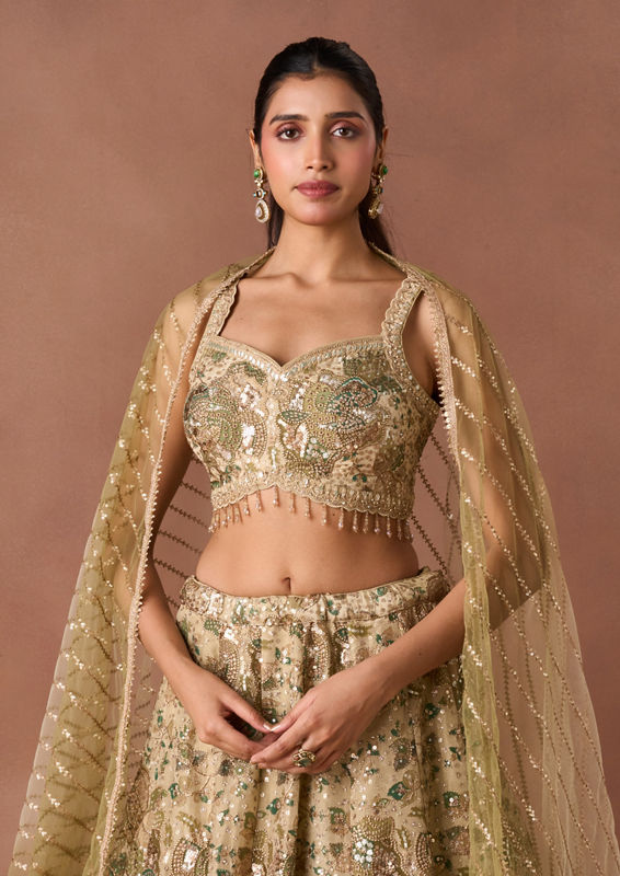 Twamev Women Beige Tissue Lehenga Set