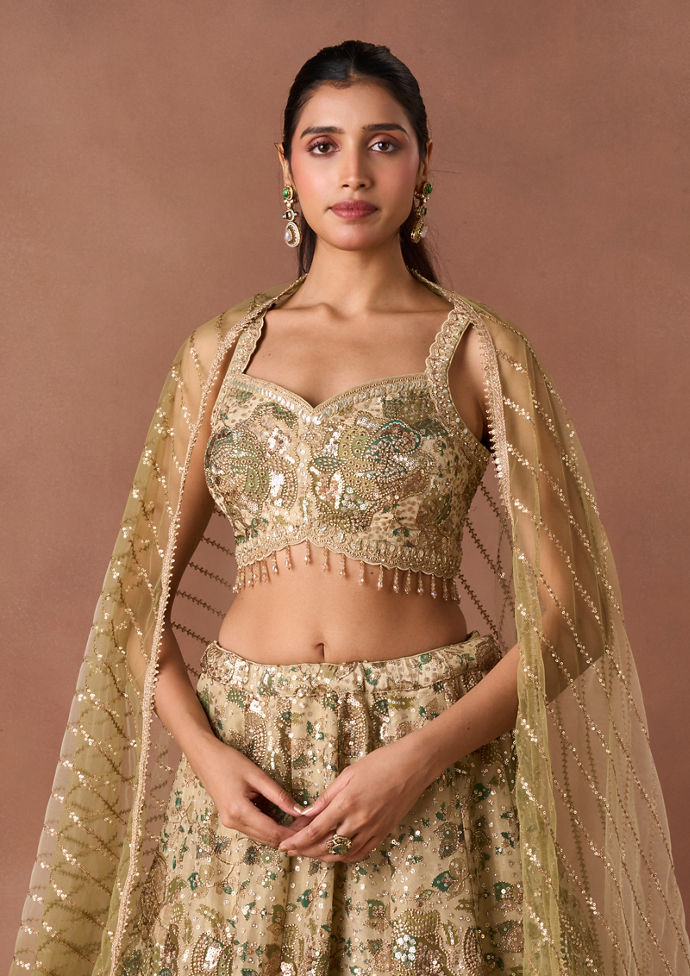 Twamev Women Beige Tissue Lehenga Set