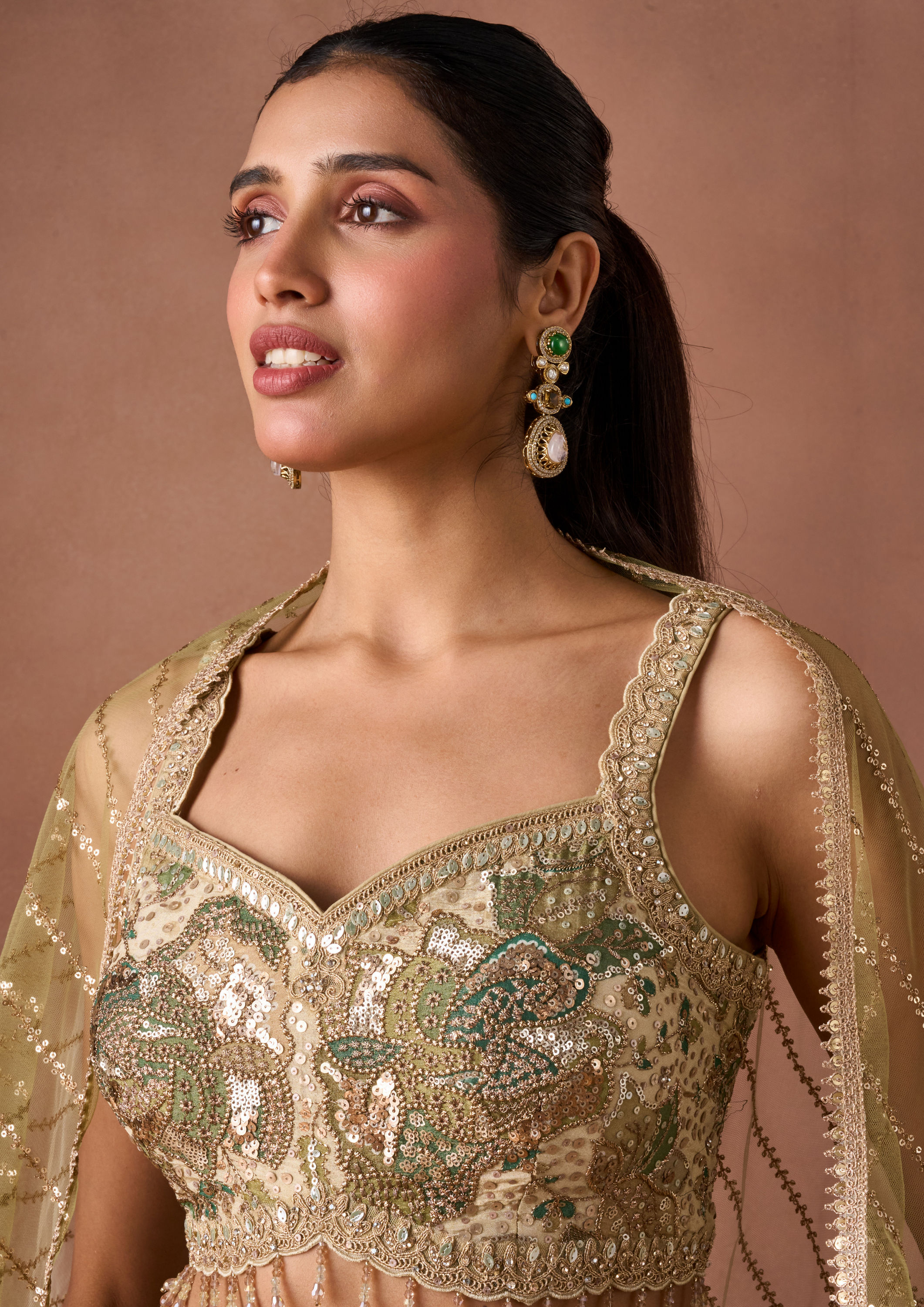 Twamev Women Beige Tissue Lehenga Set