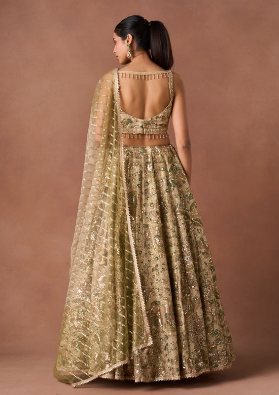 Twamev Women Beige Tissue Lehenga Set