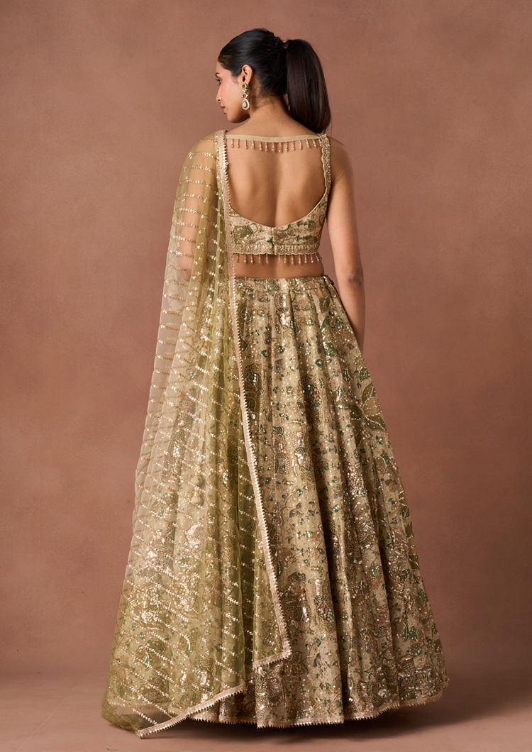 Twamev Women Beige Tissue Lehenga Set