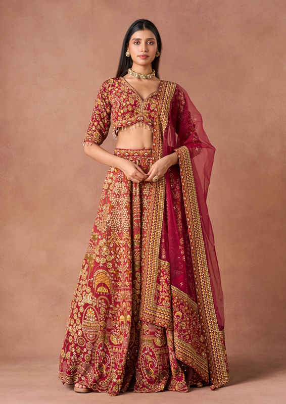 Twamev Women Dusty Rose Hand-Embroidered Lehenga