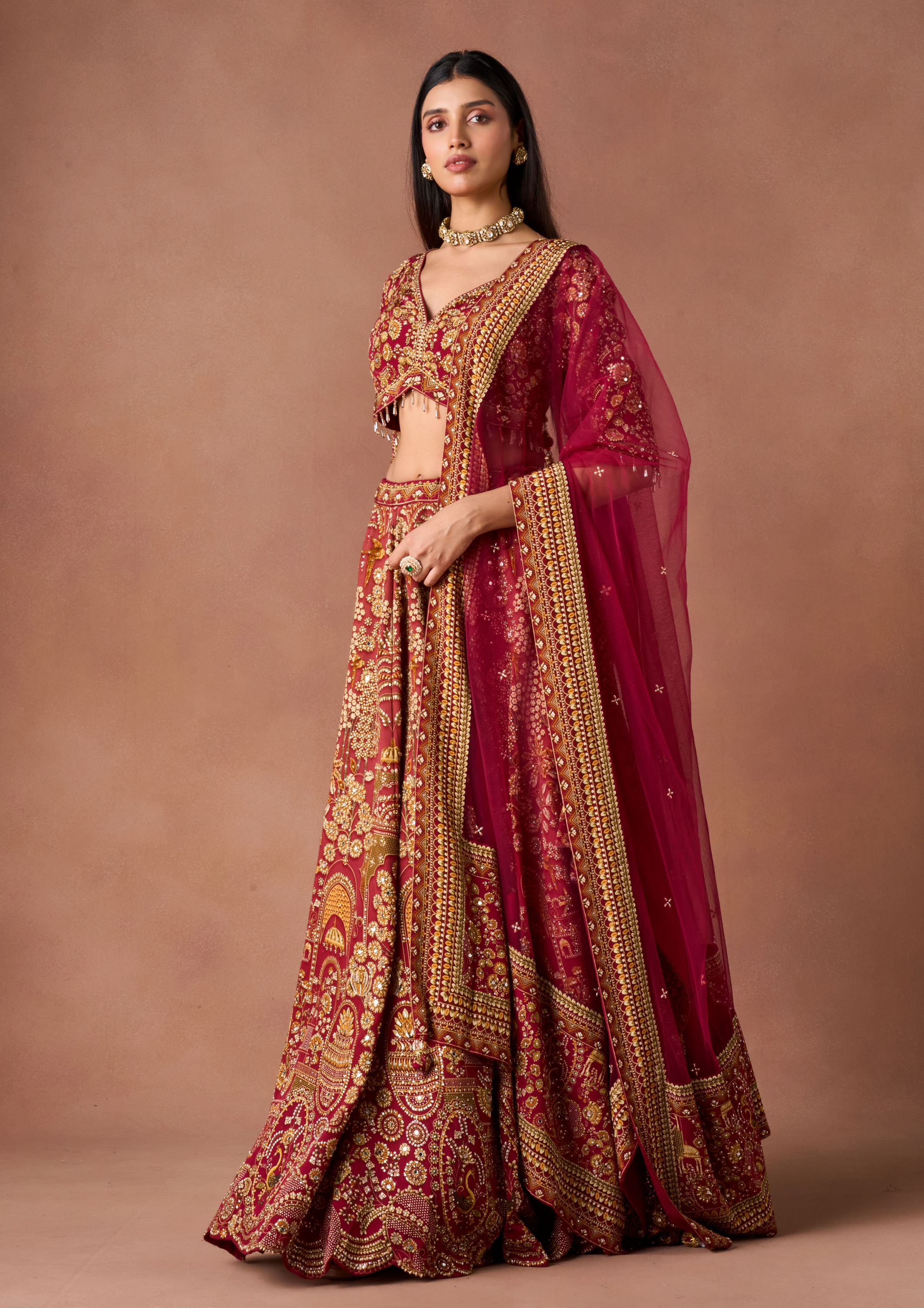 Twamev Women Dusty Rose Hand-Embroidered Lehenga