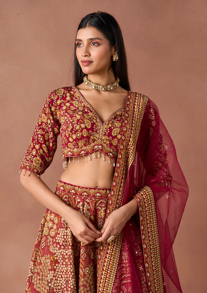 Twamev Women Dusty Rose Hand-Embroidered Lehenga