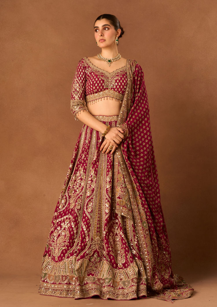 Twamev Women Wine Crepe Lehenga with Embroidery and Beads