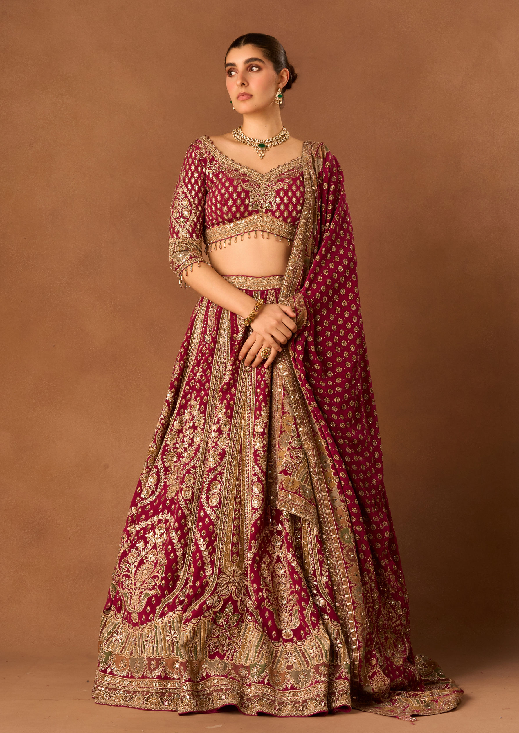 Twamev Women Wine Crepe Lehenga with Embroidery and Beads