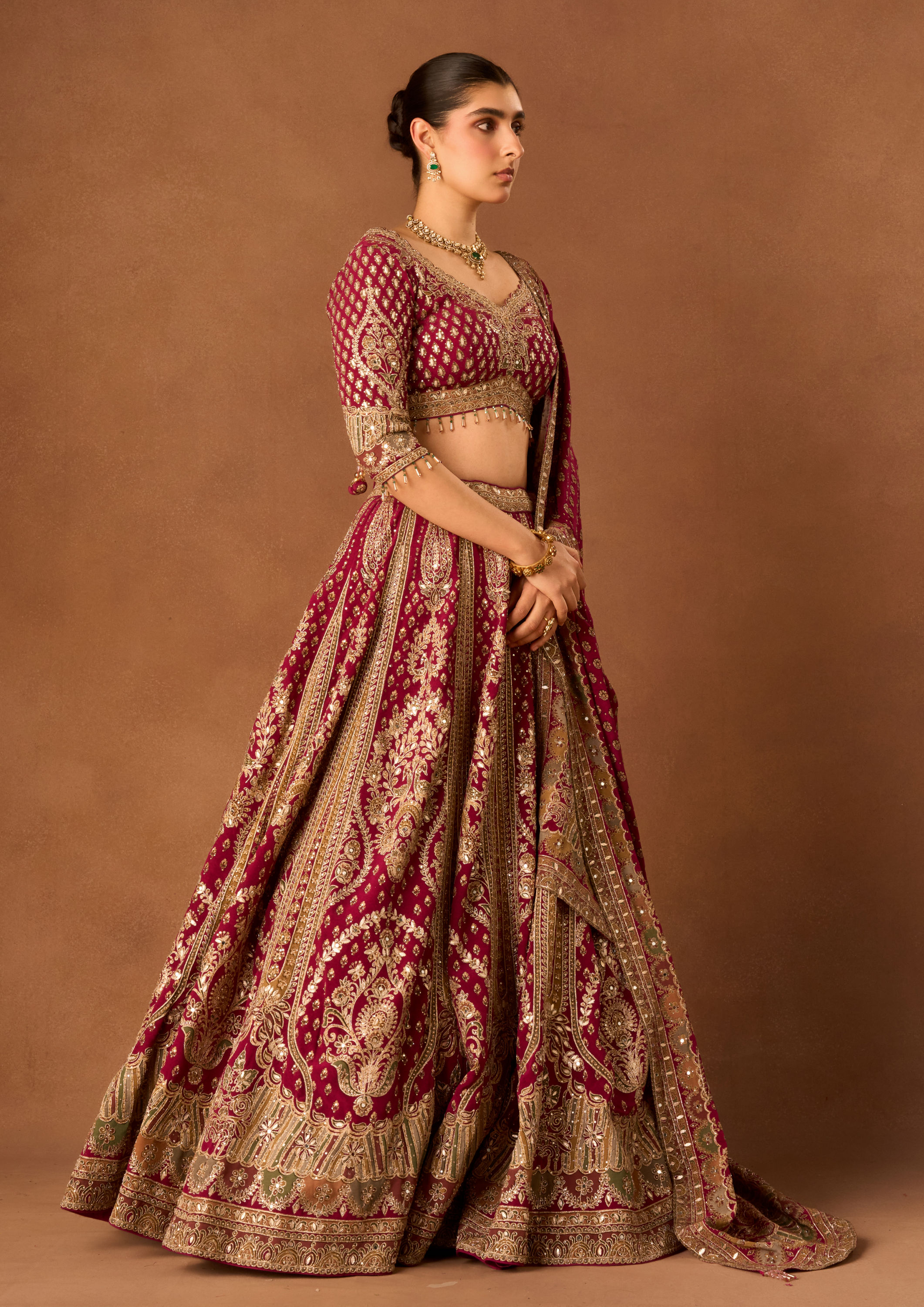 Twamev Women Wine Crepe Lehenga with Embroidery and Beads