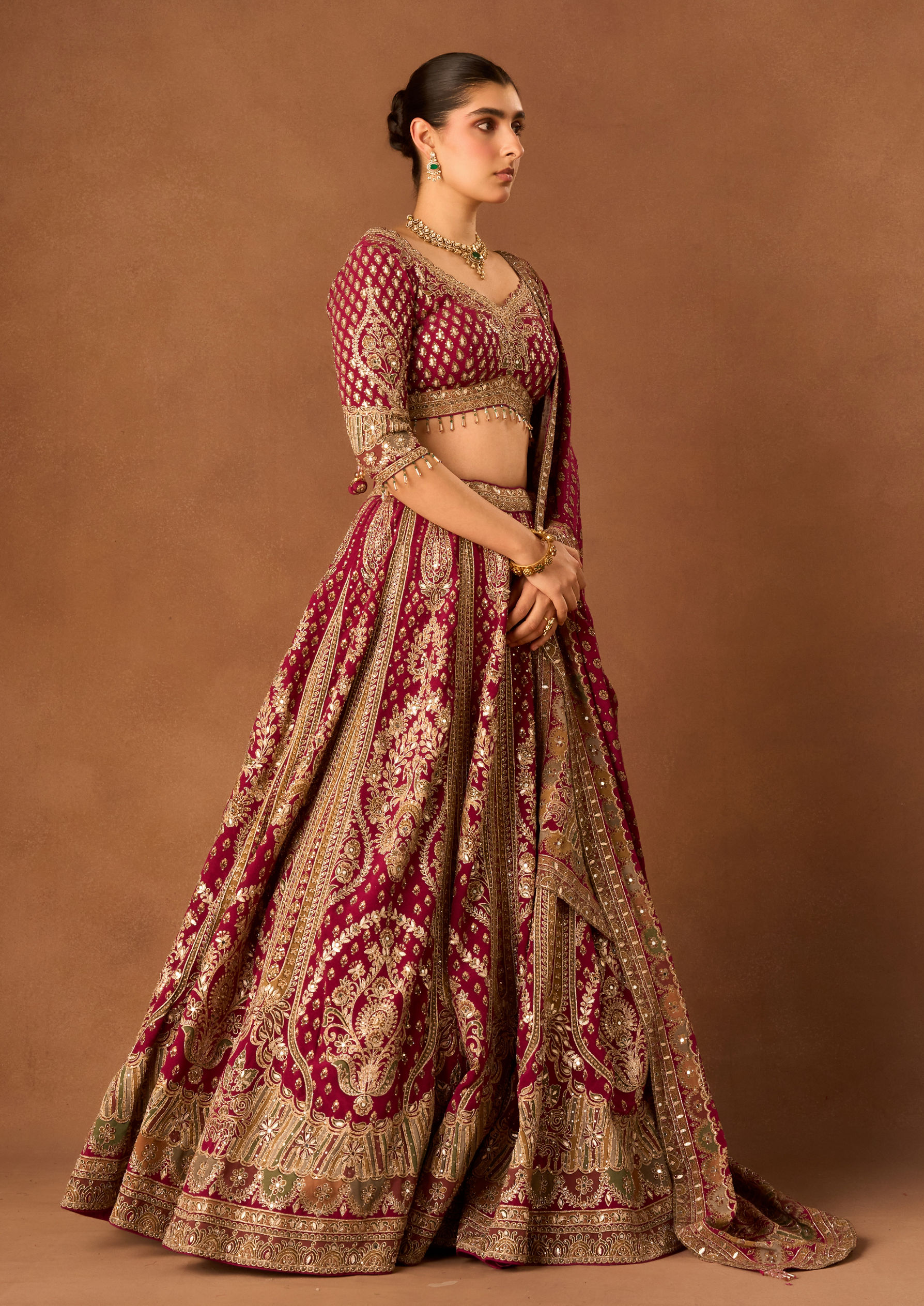 Twamev Women Wine Crepe Lehenga with Embroidery and Beads