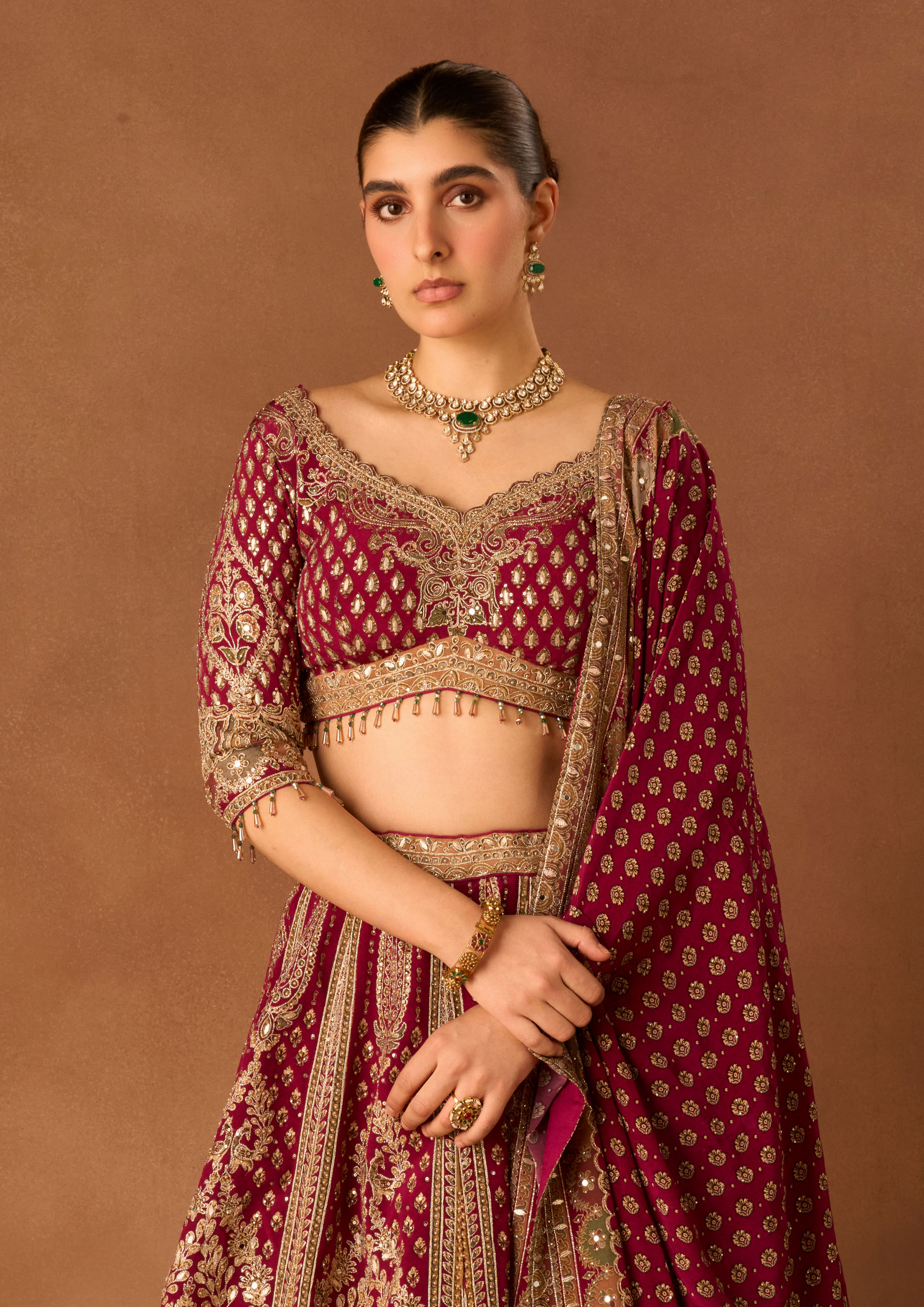 Twamev Women Wine Crepe Lehenga with Embroidery and Beads