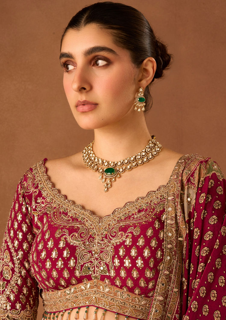 Twamev Women Wine Crepe Lehenga with Embroidery and Beads