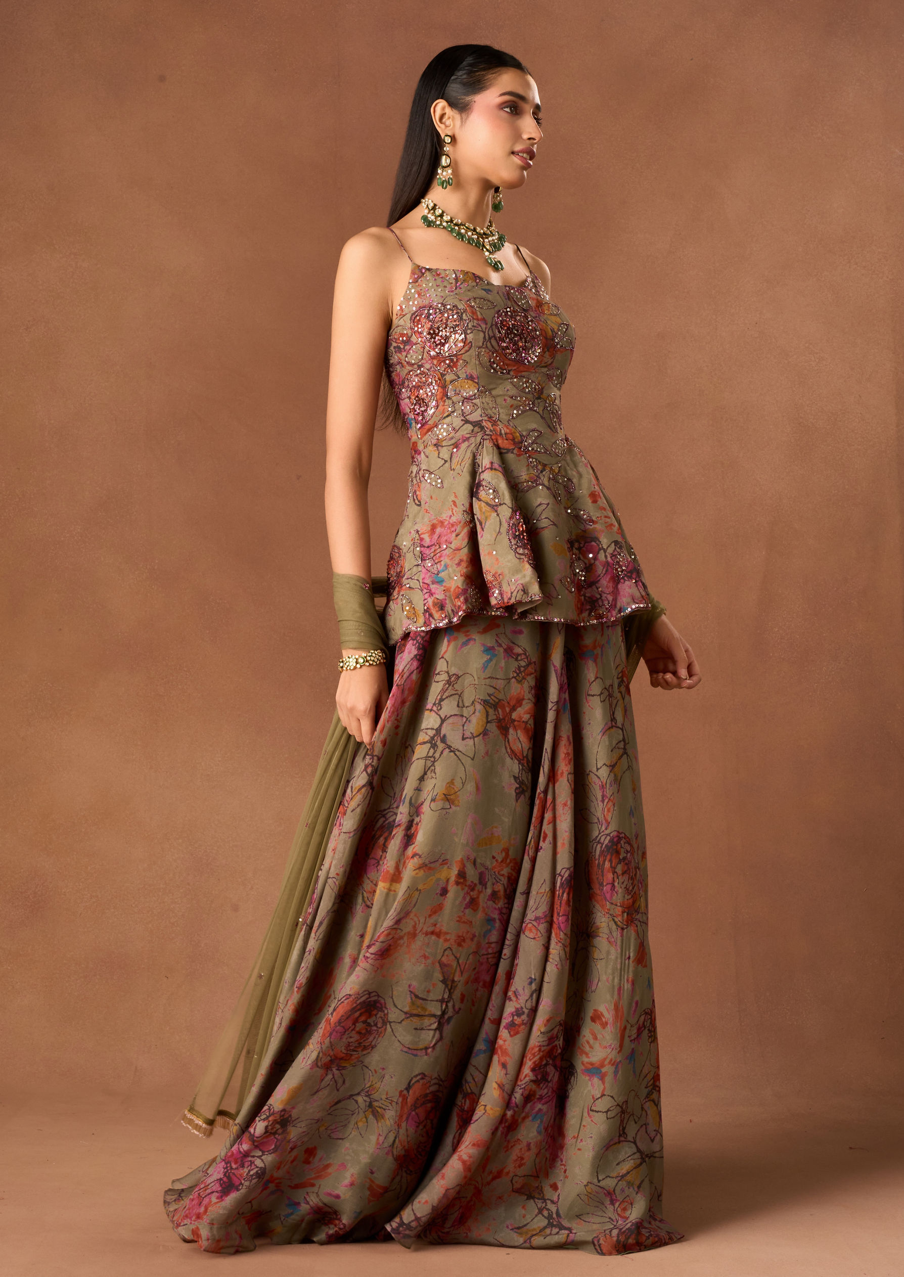 Twamev Women Green Organza Lehenga with Floral Embroidery
