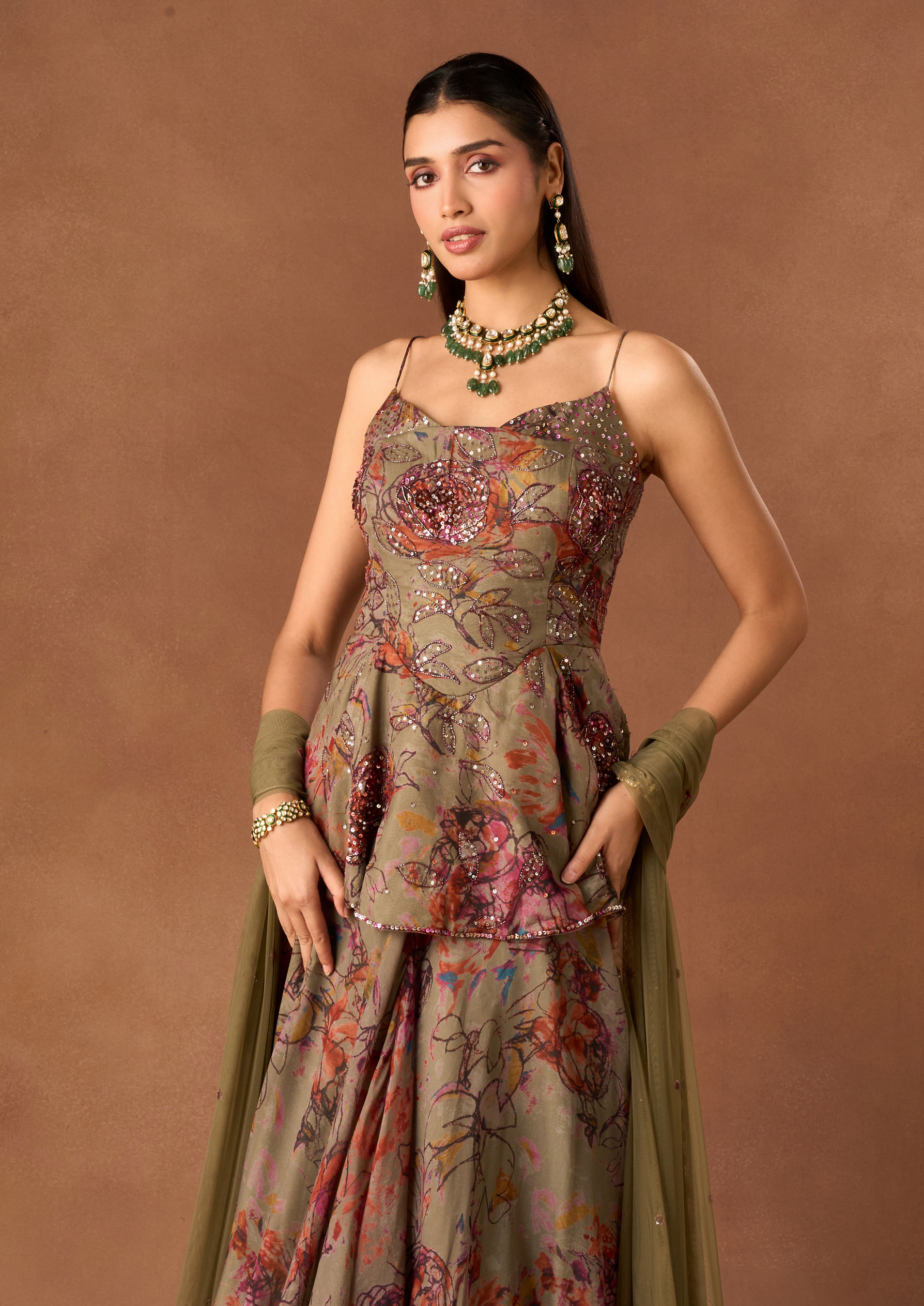 Twamev Women Green Organza Lehenga with Floral Embroidery