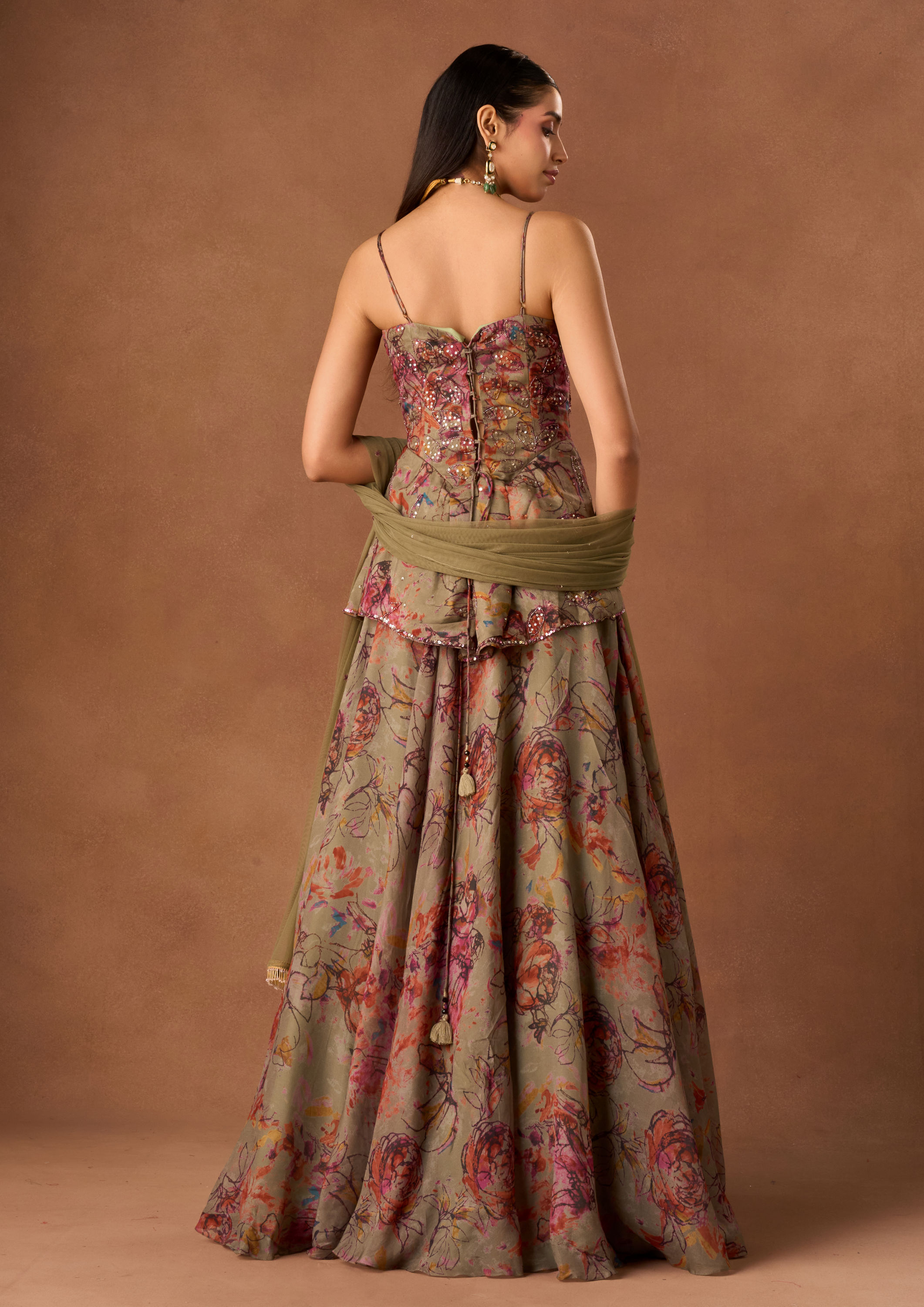 Twamev Women Green Organza Lehenga with Floral Embroidery