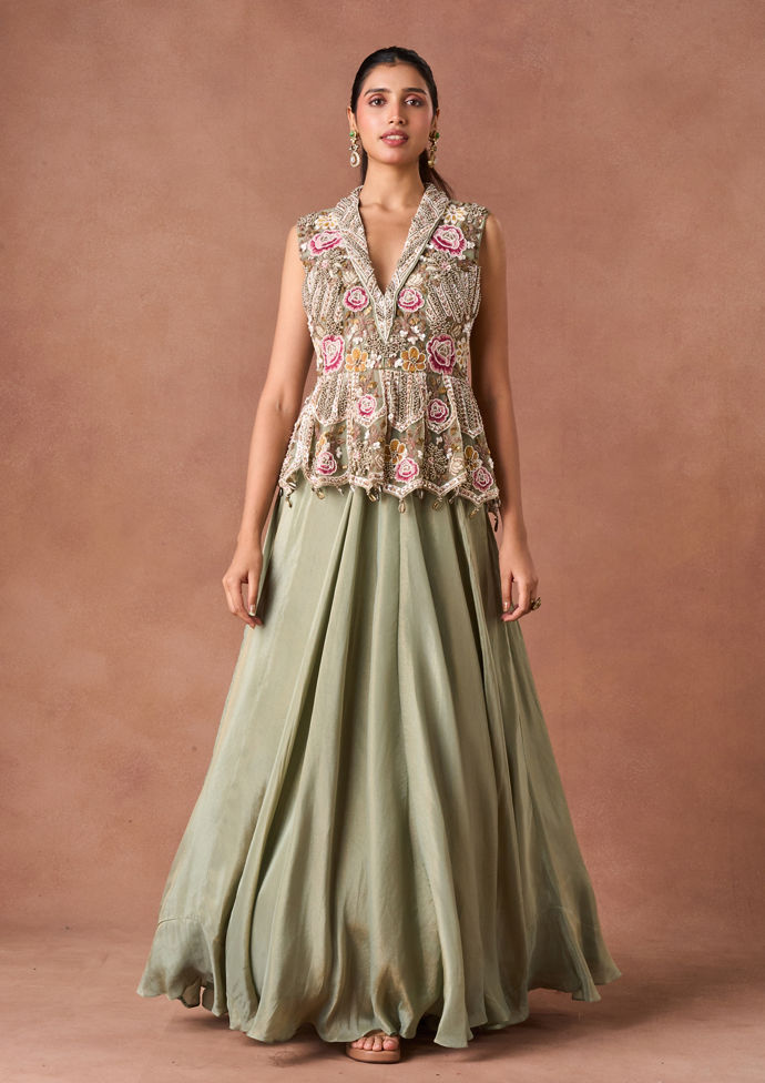 Twamev Women Green Art Silk Lehenga Set