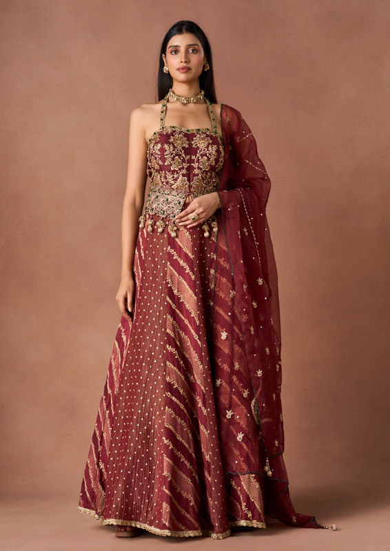 Twamev Women Maroon Tissue Lehenga with Embroidery