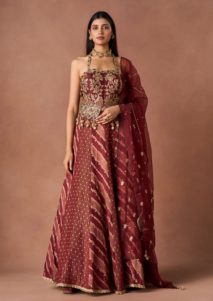 Twamev Women Maroon Tissue Lehenga with Embroidery