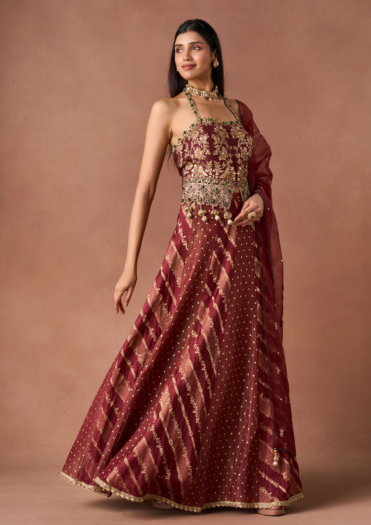 Twamev Women Maroon Tissue Lehenga with Embroidery