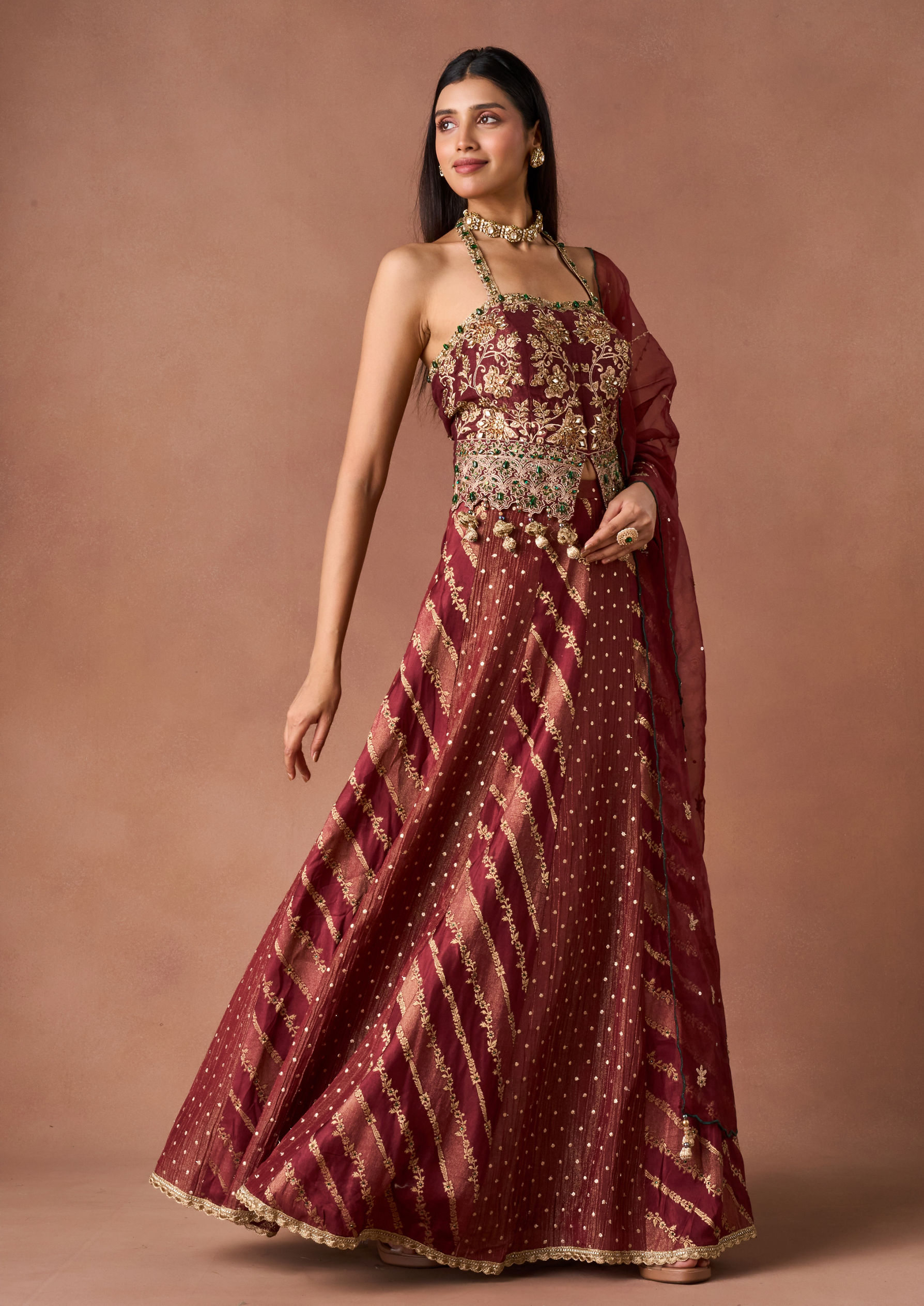 Twamev Women Maroon Tissue Lehenga with Embroidery