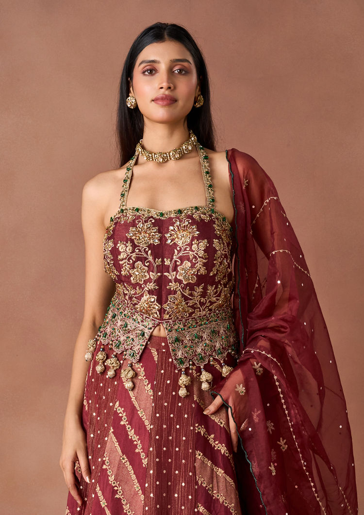 Twamev Women Maroon Tissue Lehenga with Embroidery
