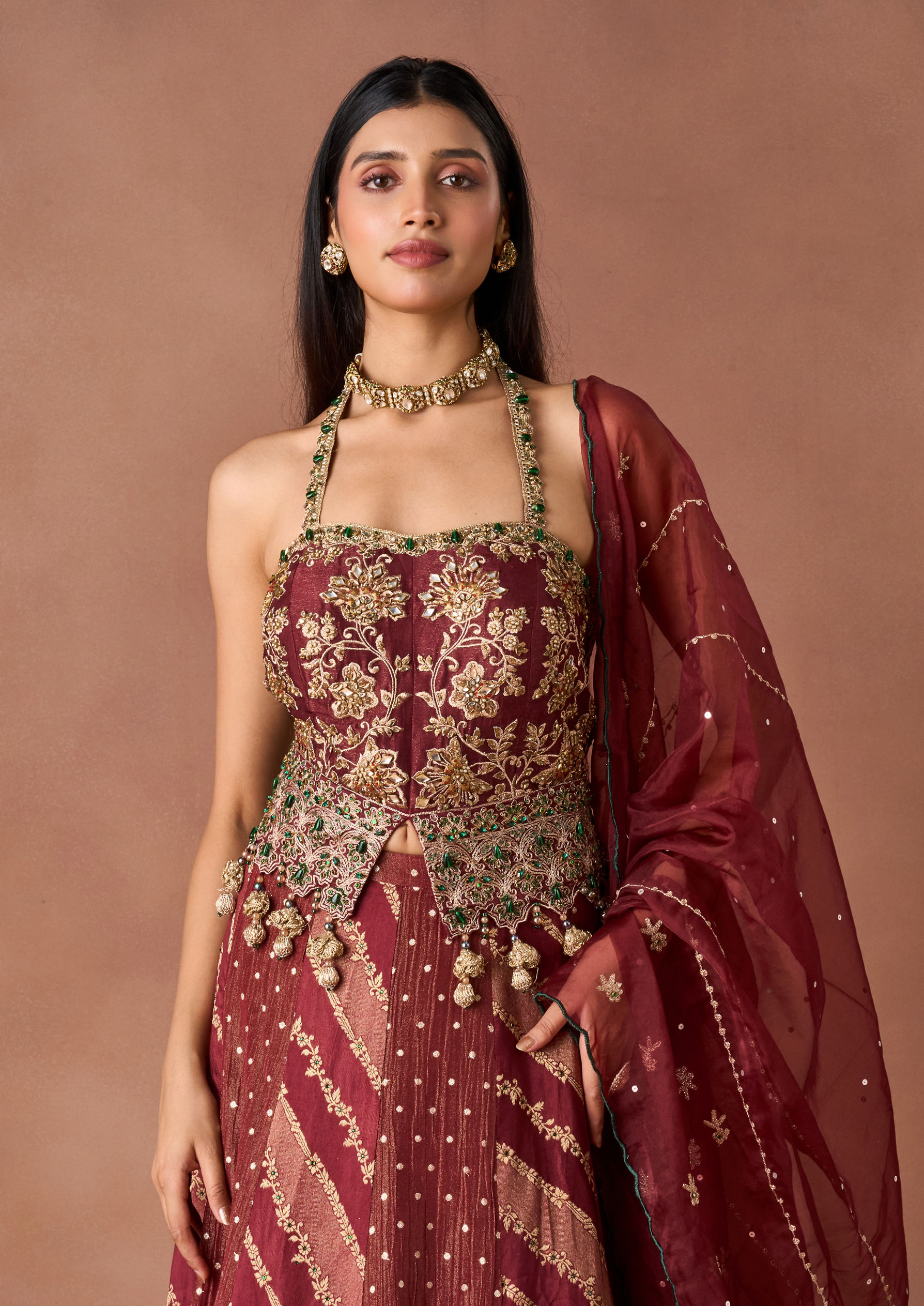 Twamev Women Maroon Tissue Lehenga with Embroidery