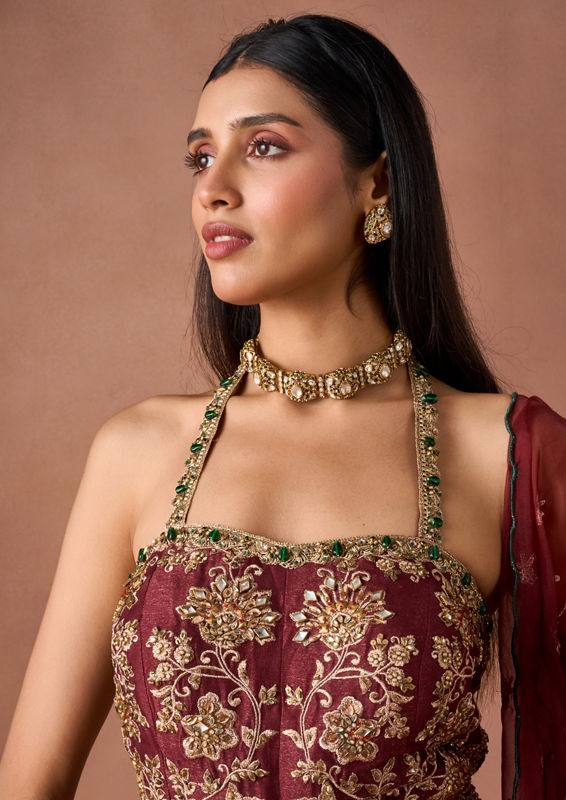 Twamev Women Maroon Tissue Lehenga with Embroidery