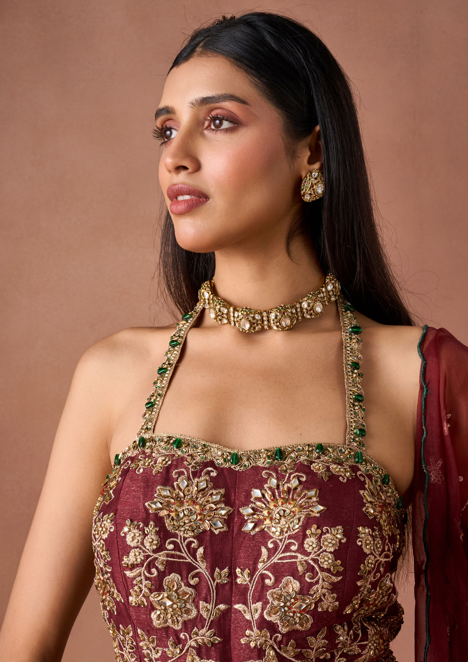 Twamev Women Maroon Tissue Lehenga with Embroidery