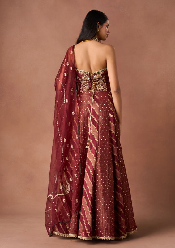 Twamev Women Maroon Tissue Lehenga with Embroidery