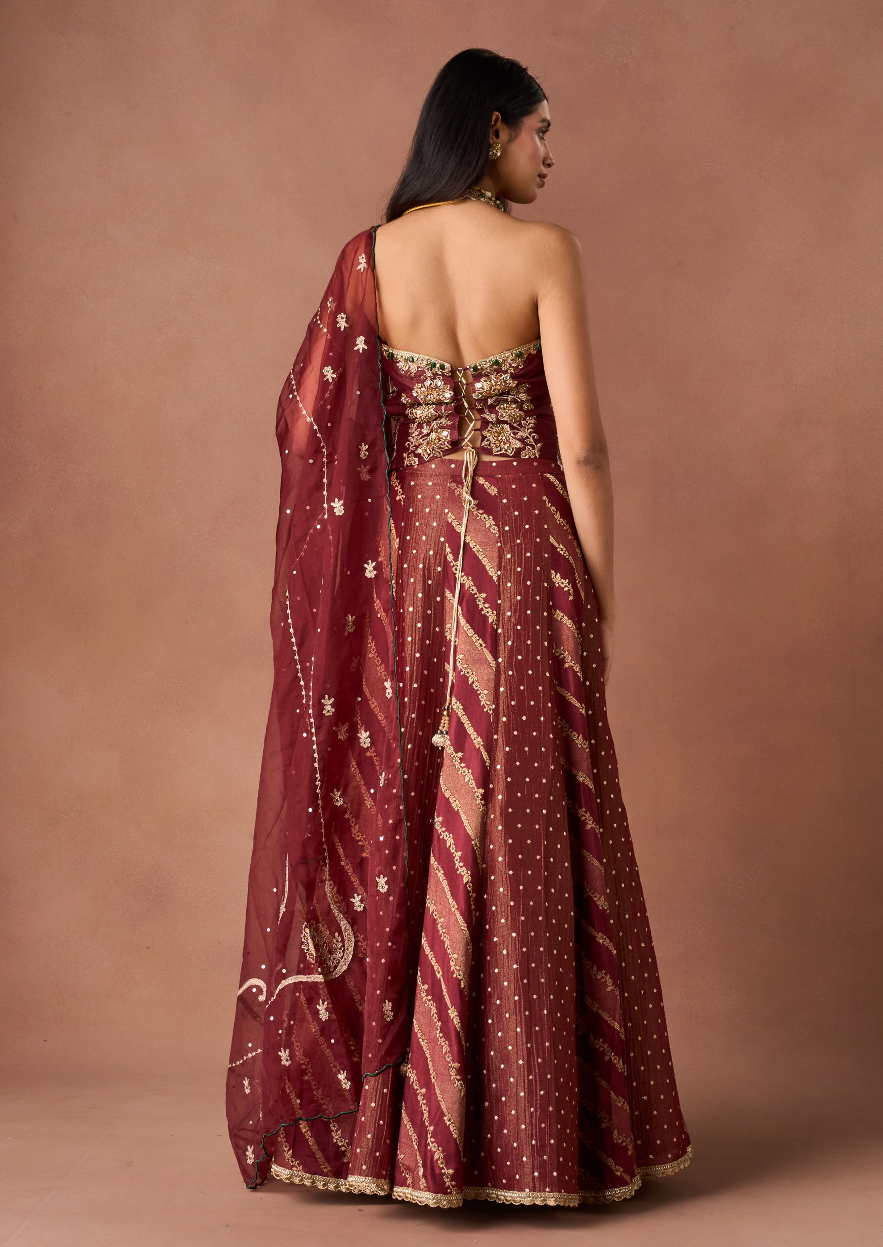Twamev Women Maroon Tissue Lehenga with Embroidery