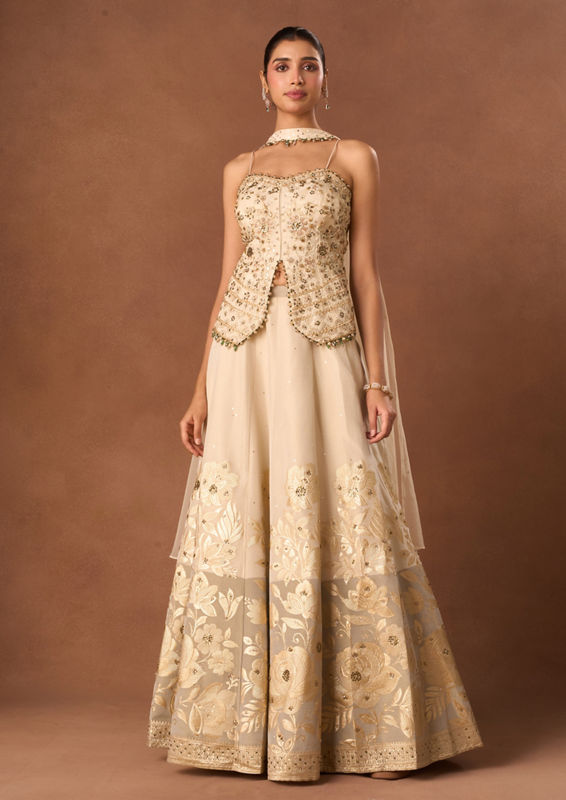Twamev Women Cream Art Silk Lehenga with Embroidery