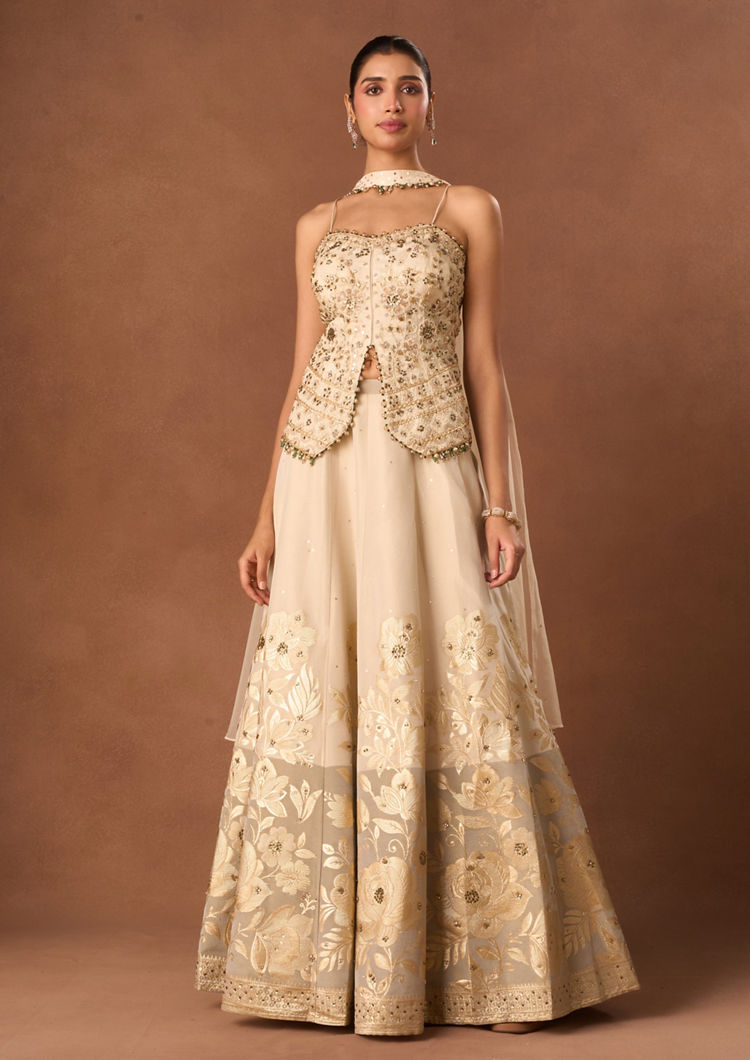 Twamev Women Cream Art Silk Lehenga with Embroidery