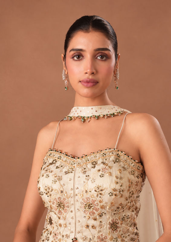 Twamev Women Cream Art Silk Lehenga with Embroidery