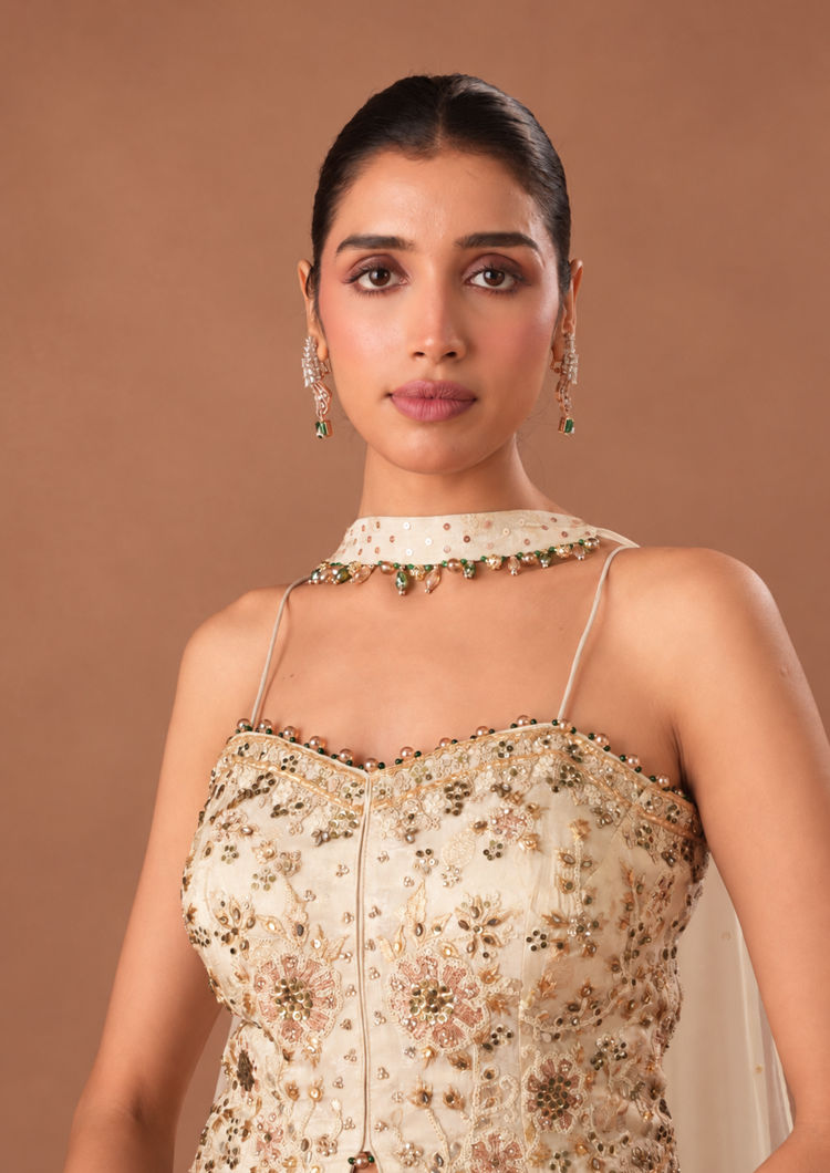 Twamev Women Cream Art Silk Lehenga with Embroidery