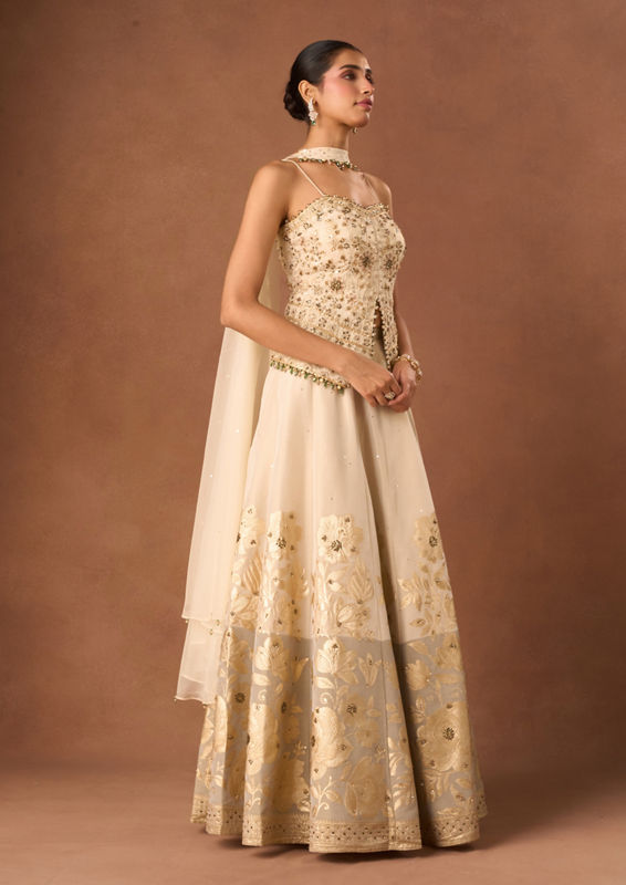 Twamev Women Cream Art Silk Lehenga with Embroidery