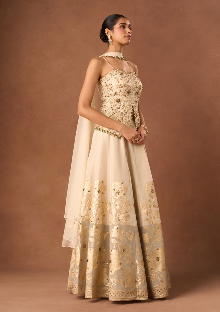 Twamev Women Cream Art Silk Lehenga with Embroidery