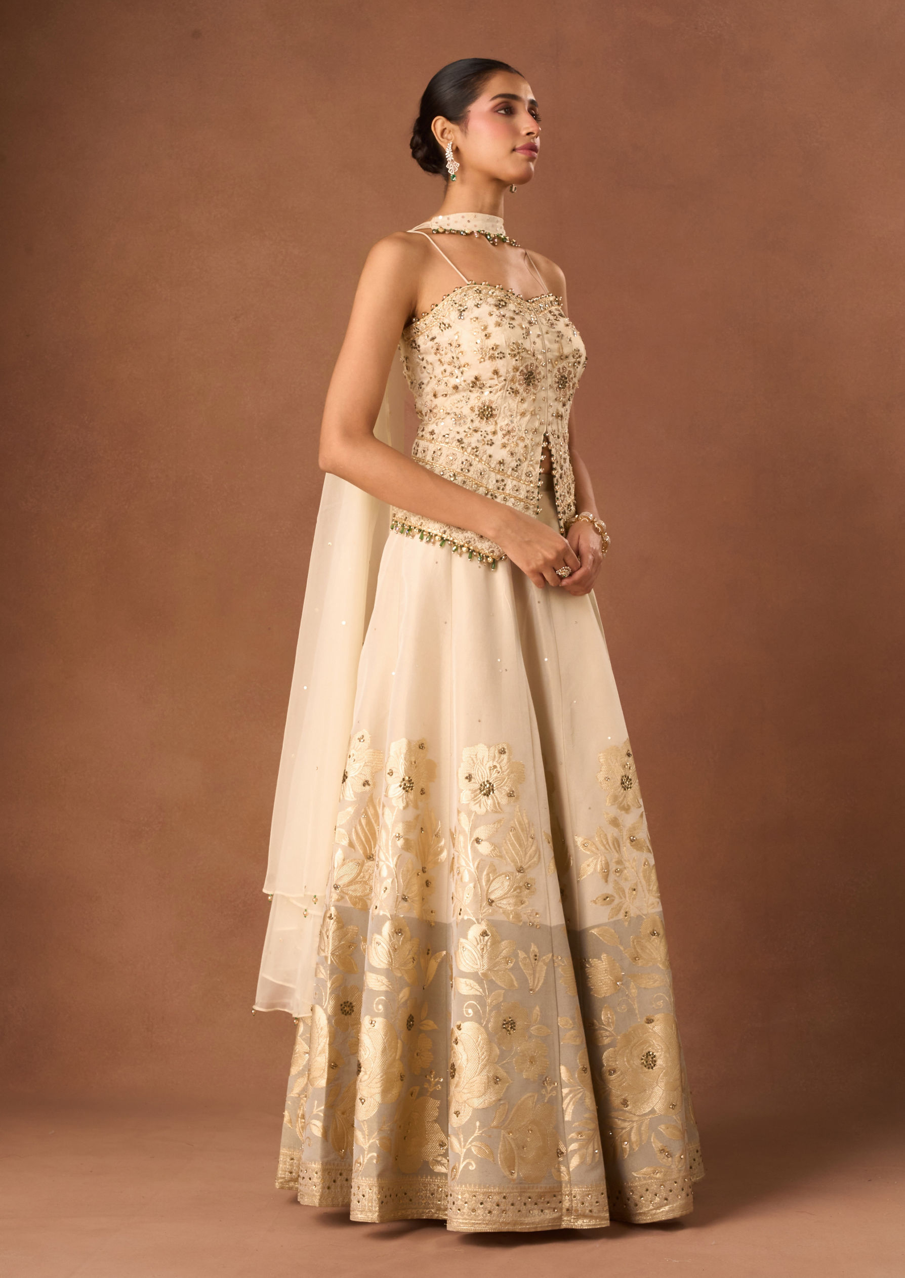 Twamev Women Cream Art Silk Lehenga with Embroidery