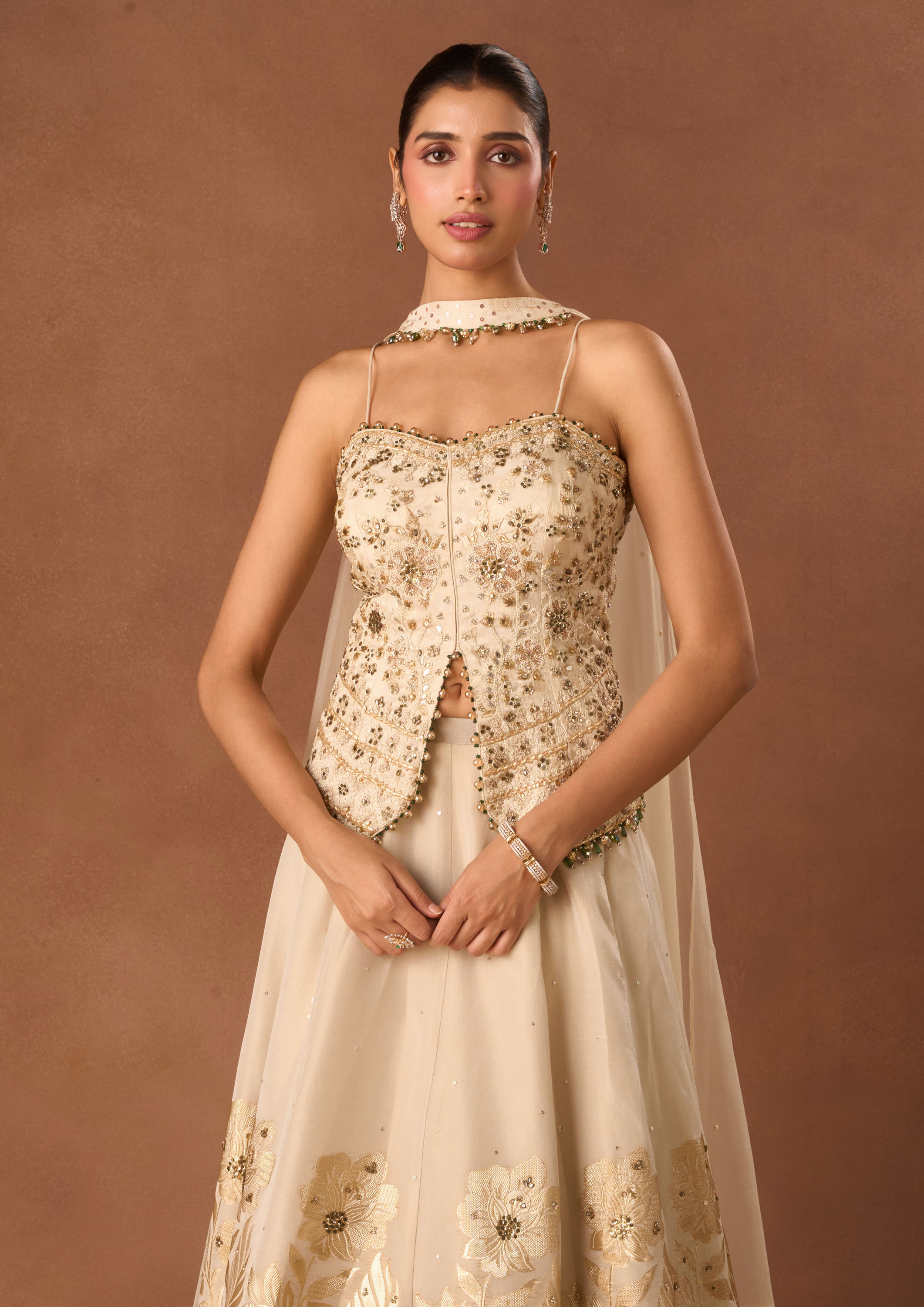 Twamev Women Cream Art Silk Lehenga with Embroidery